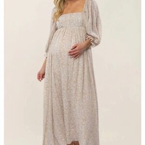 Pink Blush Beige Chiffon Printed Square Neck Empire Maternity Maxi Dress